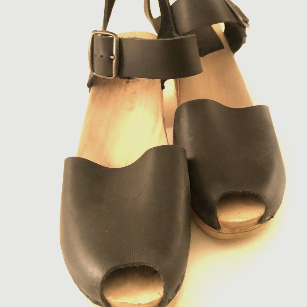 No.6 Two Strap Clog on Mid Heel in Black